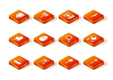 Bir kase sıcak çorba ızgara ızgara fırın eldiven kırık yumurta Spatula kızartma tava çırpma ve zamanlayıcı ikonu. Vektör.