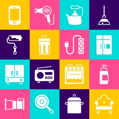 Çöp tenekesi fırça fırçası fırça fırçası cep telefonu ve elektrik eklentisi ikonu ile Kanepe Antibakteriyel sabun Buzdolabı Kettle 'ı ayarla. Vektör.