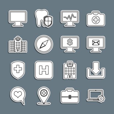 Dizüstü bilgisayar ve teçhizat yükle. Monitör zarfını kardiyogramla indir. Rüzgar Rose Tıp Hastanesi Monitör ekranı ve dolar simgesi. Vektör.