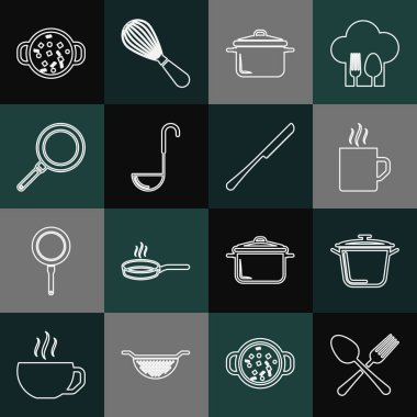 Çizgiyi aşmış çatal ve kaşık kaşık haşlanmış kahve fincanı kepçe tava çorbası ve bıçak ikonu. Vektör.