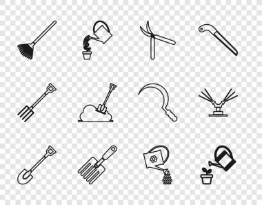 Bahçe kürek sulama konservesi bahçe makası çatal tırmık yaprakları toprağı ve otomatik sulama ikonu. Vektör.