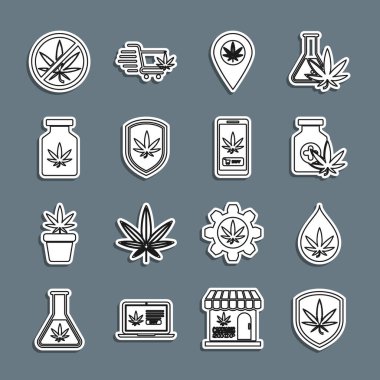 Set hattı Shield ve marijuana marihuana ya da konum durdurma ve internet üzerinden ikon alan kenevir yaprağı yağı şişesi. Vektör.