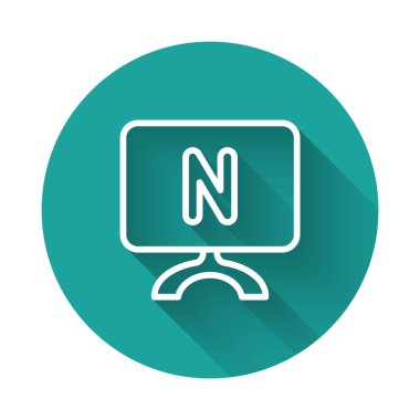 White line Smart Tv icon isolated with long shadow background. Television sign. Green circle button. Vector.