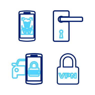 Hat Lock VPN Smart araba güvenlik sistemi kapı kolu ve Mobil yüz tanıma simgesini ayarla. Vektör.