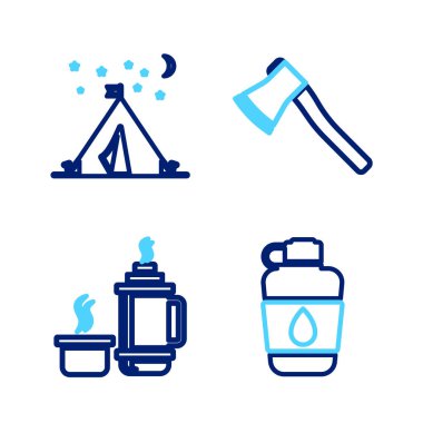 Kantin su şişesi termos konteynır baltası ve bayrak ikonlu turist çadırı. Vektör.