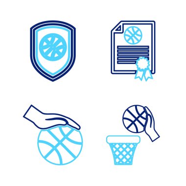 Basketbol, basketbol ve spor mağazası ikonlu basketbol ve basket ödülleri kupası. Vektör.