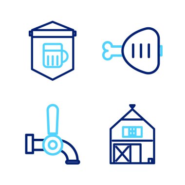 Çiftlik Evi Bira Hattı Tavuk bacağı ve bir bardak bira ikonuyla tabela. Vektör.