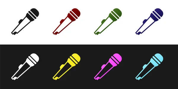 Set Microphone Icon Isolated Black White Background Air Radio Mic — Stock Vector