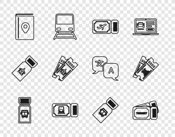 Набор Линии Автобус Билет Авиакомпании Крышка Поезда Книги Путеводитель Музей — стоковый вектор