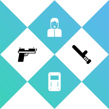 Tabanca ya da silah, polis saldırı kalkanı, sansür ve konuşma özgürlüğü ve kauçuk cop ikonu. Vektör.