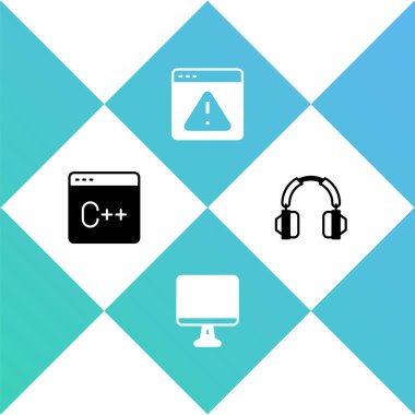 Yazılım, Bilgisayar monitörü, ünlem işaretli tarayıcı ve kulaklık simgesi. Vektör.