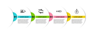 İçinde gemi olan bir şişe, vintage tabancalar, Spyglass teleskop lensleri ve bomba hazır. Ticari bilgi şablonu. Vektör.