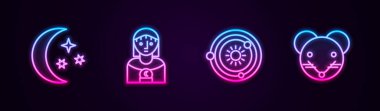 Ay ve yıldızlar, Astroloji kadını, Güneş Sistemi ve Fare Zodyak. Parlayan neon ikonu. Vektör.
