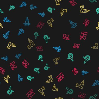 İnşaat matkabı, açılı öğütücü, elektirikli kablosuz tornavida ve boyalı sprey tabancayı pürüzsüz desende ayarla. Vektör.