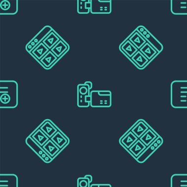 Çizgi Cinema kamerası, müzik çalma listesi ve kusursuz desen üzerine ekle. Vektör.