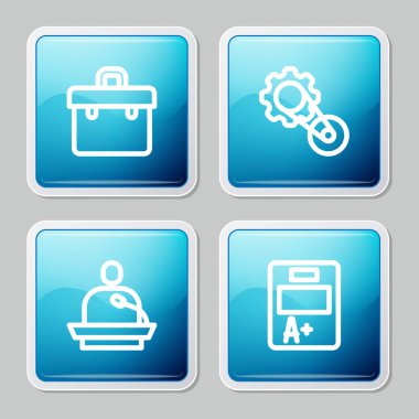 Sırayı ayarla, Evrak Çantası, kemer kiti ders veriyor ve sınav kağıdında A artı not simgesi var. Vektör.