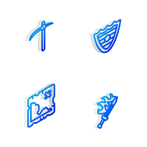 Set Isometric Line Shield Pickaxe Pirate Treasmap Sword Game Icon — Stockový vektor