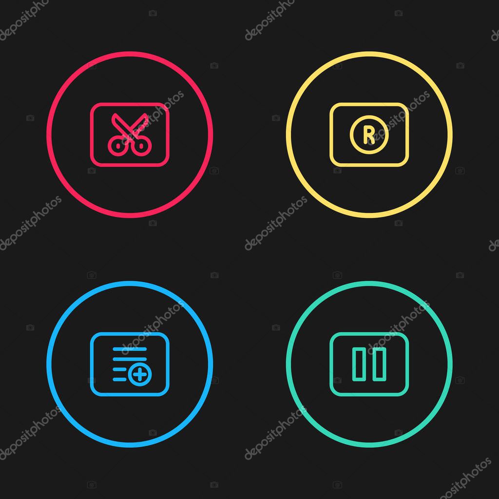 Set line Add to playlist, Pause button, Record and Music video editing icon. Vector.