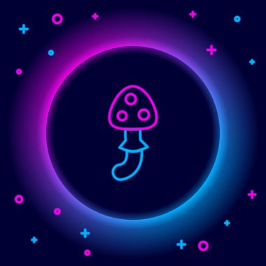 Parlayan neon hattı Psilocybin mantar ikonu siyah arkaplanda izole edildi. Psikedelik halüsinasyon. Renkli taslak konsepti. Vektör.