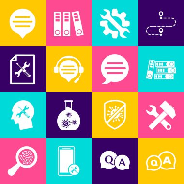 Soru ve Yanıt Çapraz Çekiç Anahtarı Ofis dizinlerini Konuşma Balonu Sohbeti Dosya Servisi Konuşması ve simgesi ile Wrench dişli Kulaklıkları Ayarla. Vektör.