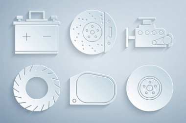 Ayna motorlu lastik fren diskini kalibre ve pil ikonu ile ayarla. Vektör.