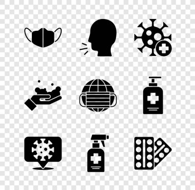 Tıbbi koruyucu maskeli adamın pozitif virüs Corona 'yı sıvı antibakteriyel sabun, su toplayan hap paketleri ve Dünya sağlık ikonu üzerinde bırakmasını sağlayın. Vektör.