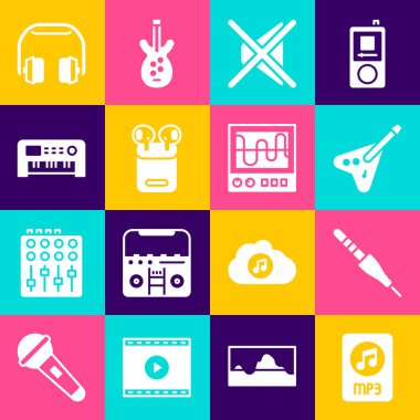 MP3 dosya belgesi Audio jack Electric gitar sözcüsü, müzik sentezleyicisi kulaklıkları ve osilloskop simgesinde sessiz hava kulaklıklarını ayarlayın. Vektör.