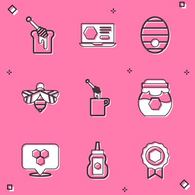 Bal Dipper çubuğu ile bal çevrimiçi arı kovanını bal kavanozunun yeri ve simgesi için ayarla. Vektör.