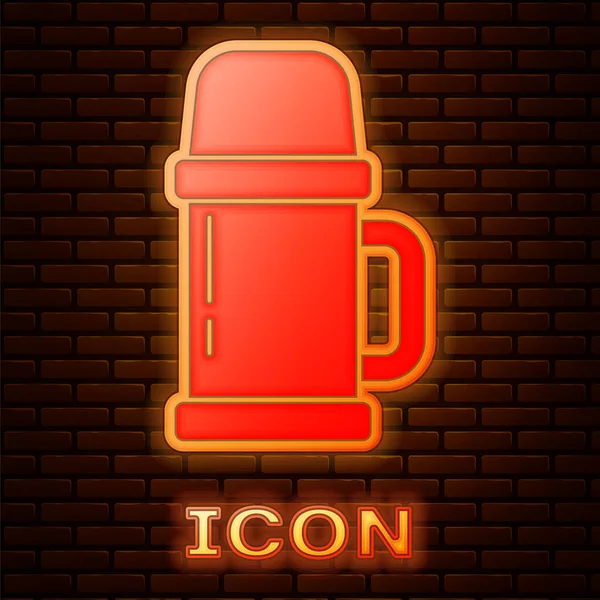 Icona Luminosa Neon Thermos Contenitore Isolato Sfondo Muro Mattoni Icona — Vettoriale Stock