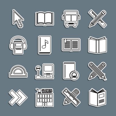 Satır Açık Kalem Bus Çapraz Ses Piksel ok imleci ve simgesini ayarla. Vektör.