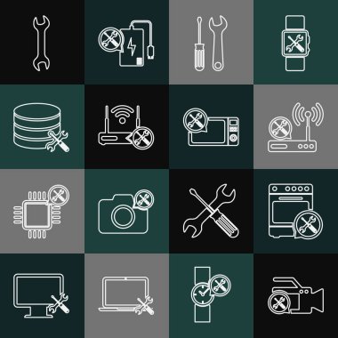 Oven Router Wi-Fi Wi-Fi Screwdriver ve Veritabanı Sunucusu Anahtarı ve Mikrodalga fırın ikonu ile bağlantı kurun. Vektör.