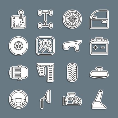 Araba el freni aynalı akü tekerleği vites diski ve çamurluk simgesini ayarla. Vektör.