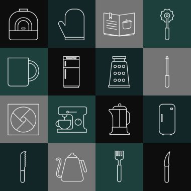 Bıçak Buzdolabı Bileyici Yemek Kitabı Kahve fincanı ve Grater ikonu. Vektör.