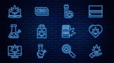 Laptop ve Medikal şişe ve kenevir molekülü ikonu için marihuana alışveriş poşeti ve cam bong ile kalpteki marihuana veya kenevir yaprağını hazırlayın. Vektör.