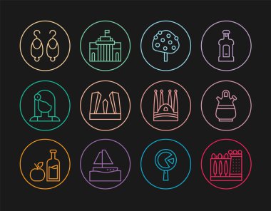 Avrupa 'nın Sangria müzesi Sangria atıcısı Portakal Ağacı Kapısı İspanyol kadın Küpeler Sagrada Familia ve Prado ikonu. Vektör.