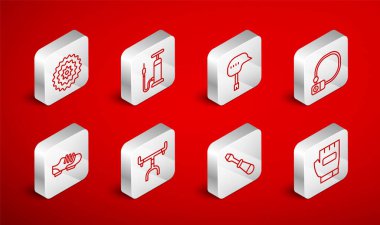 Çizgiyi ayarla bisiklet pompası kaskı tornavida kaskı gidon ve ayakkabı simgesi. Vektör.