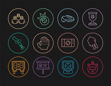 Çizgi Stopwatch beyzbol eldiveni botu kırık beyzbol sopası oyuncu bileti ve ikon takımı. Vektör.