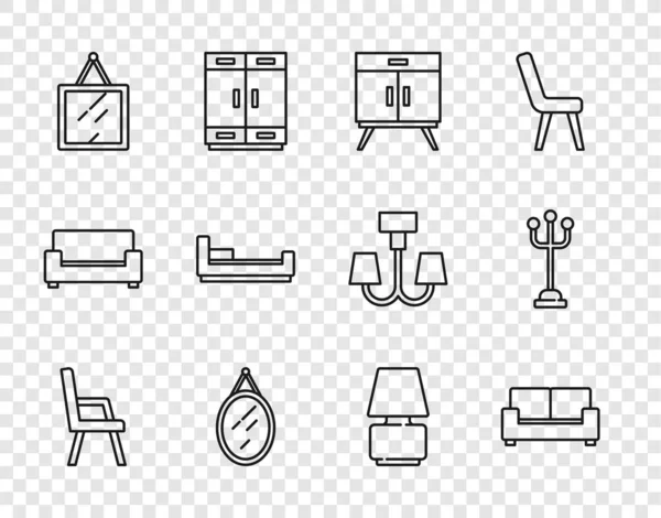 设置线扶手椅沙发胸罩抽屉镜床台灯和外套站立图标 — 图库矢量图片