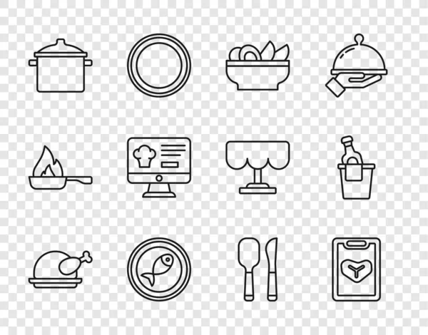 将烤火鸡或鸡肉排在菜盘中的菜式菜单上 在烹饪锅上 用刀叉和香槟冰桶图标在线点菜和送餐 — 图库矢量图片