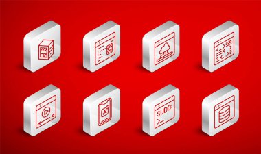 Satır Sunucusu Veri Sunucusu Yazılım Bulutu veri transferi Bilgisayar Mobil Uygulamaları ve Online video oynatma simgesini ayarla. Vektör.