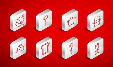 Hat Blender Mutfak Çekici Mangır Mangalı spatula kesme tahtası ve bıçak ekmeği tostu ve elektrikli mikser ikonu üzerinde yuvarlama pimi. Vektör.