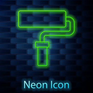 Parlak neon çizgisi boya fırçası ikonu tuğla duvar arka planında izole edilmiş. Vektör.