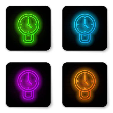 Parlayan neon çizgi saat simgesi beyaz arkaplanda izole edildi. Zaman sembolü. Siyah kare düğme. Vektör.