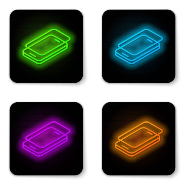 Beyaz arkaplanda izole edilmiş akıllı telefon simgesi için parıldayan neon hattı cam ekran koruyucusu. Cam için koruyucu film. Cep telefonu için şeffaf yumuşak cam. Siyah kare düğme. Vektör.
