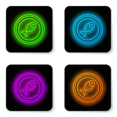 Parlayan neon hattı beyaz arka planda izole edilmiş bir tabak ikonunda balık servis etti. Siyah kare düğme. Vektör.