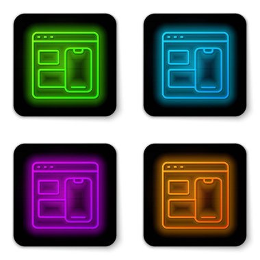 Parlayan neon hattı Yazılım, web geliştirici programlama kod simgesi beyaz arkaplanda izole edildi. Program kodunun rastgele bilgisayar betiği parçalarını Javascript et. Siyah kare düğme. Vektör.