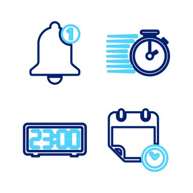 Çizgi Takvim ve Saat Dijital Alarm Stopwatch ve Bell simgesini ayarla. Vektör.