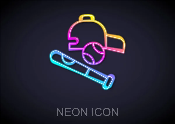 Glowing Neon Line Baseball Bat Ball Hat Icon Isolated Black — Vetor de Stock