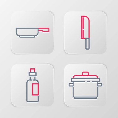 Hattı ayarla. Bir şişe zeytinyağı bıçağı ve tava ikonu. Vektör.