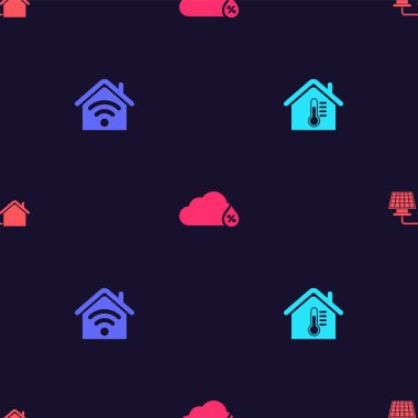 Ev sıcaklığını ayarla, kablosuz ağ ile akıllı ev, nem oranı ve güneş panelini kusursuz desen üzerine ayarla. Vektör.